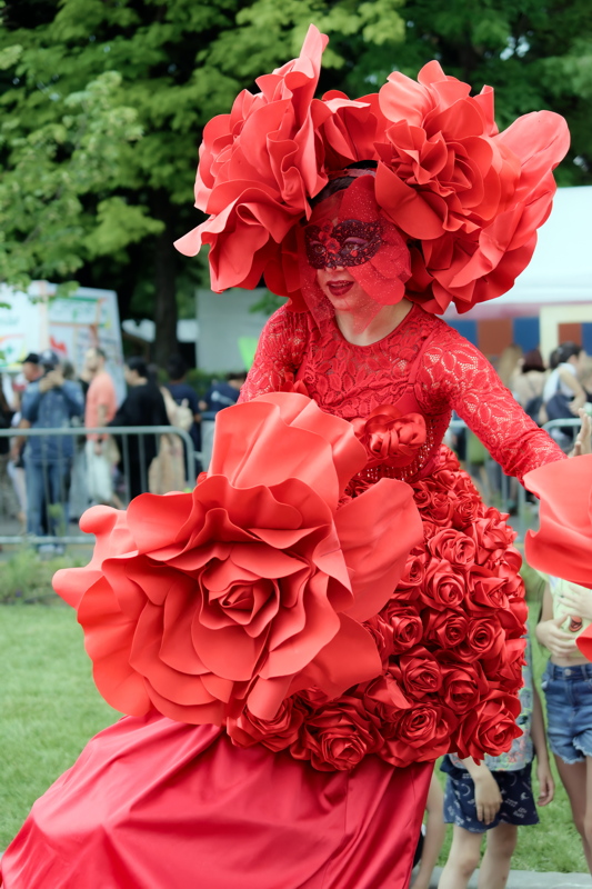 5 - A performer dressed as a giant red rose, featuring a mask and massive floral decorations